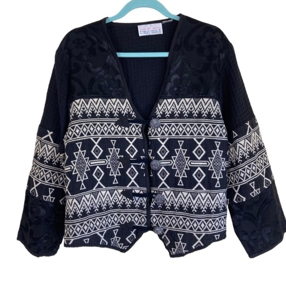 Vintage 90s Tribal Southwestern Tapestry Blazer Jacket Metal Buttons Sz M - Picture 2 of 16